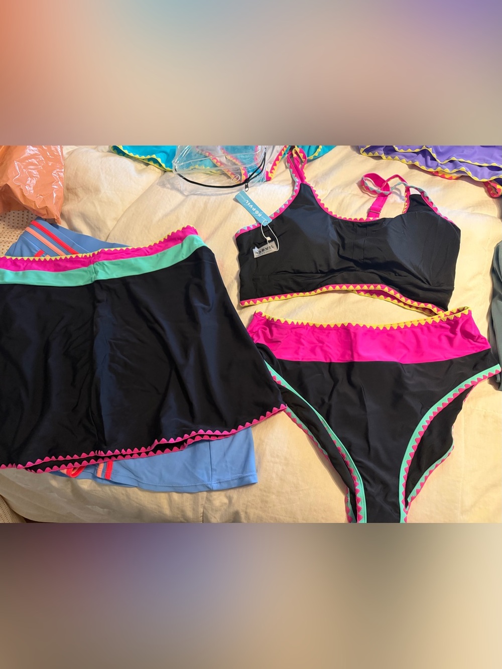 NWT Popvil 3-Piece Neon Color Block Bikini Set & Skirt Black XXL 14/16, NWT, $30